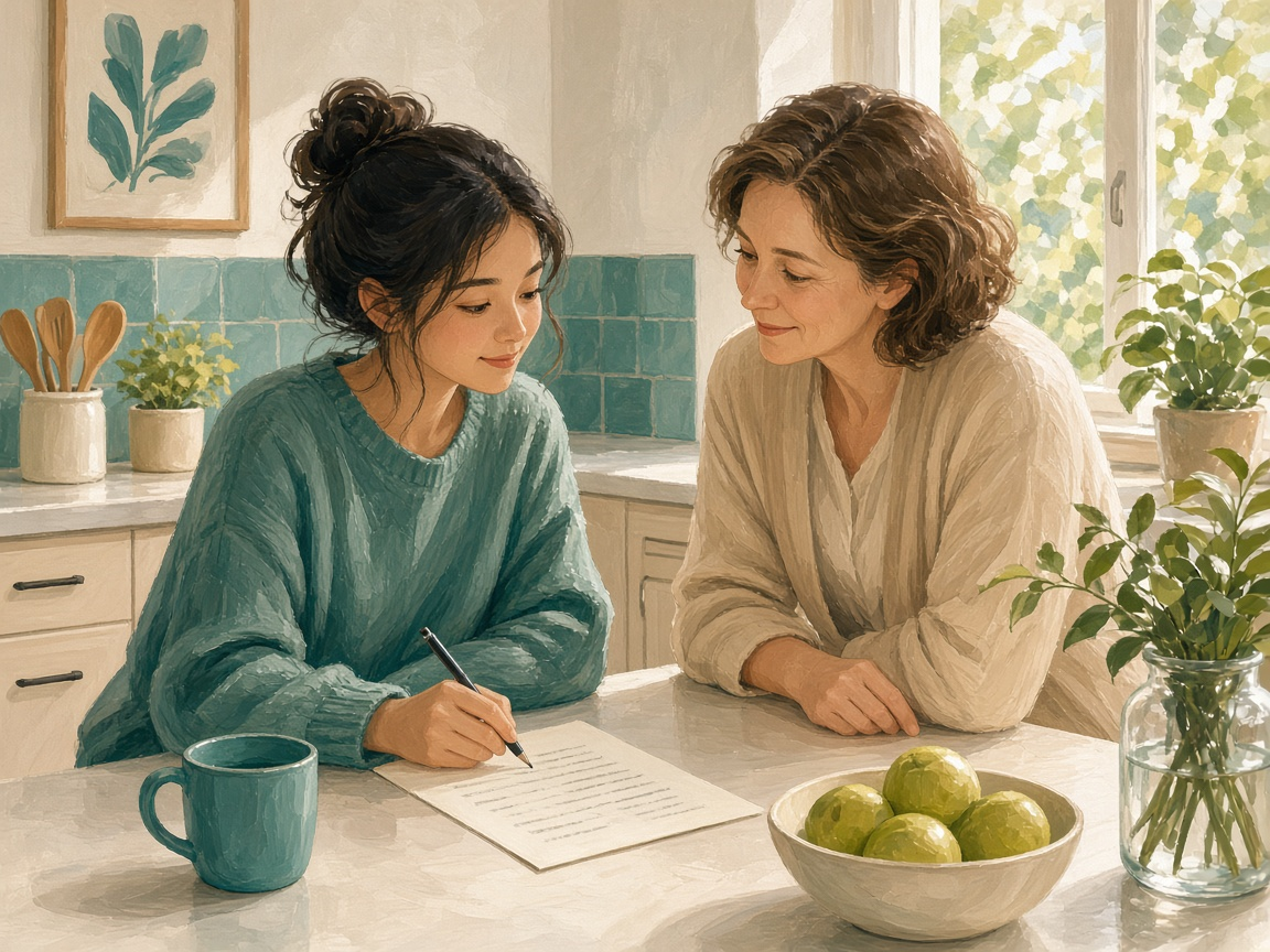 Illustration of two people planning together at a kitchen counter
